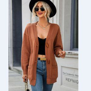 Toggle Closure Ribbed Trim Dropped Shoulder Cardigan